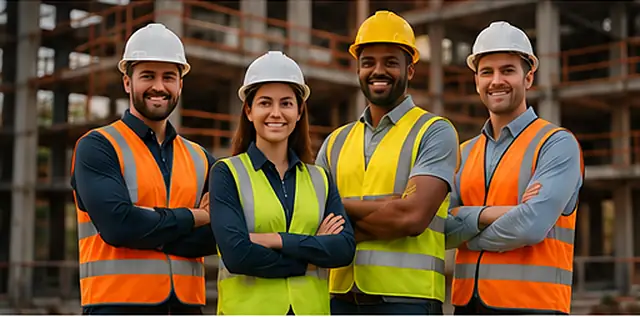 Four smiling construction professionals in hard hats and hi-vis vests on a building site