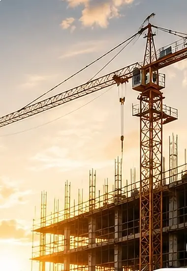 High-rise construction site with tower crane at sunset