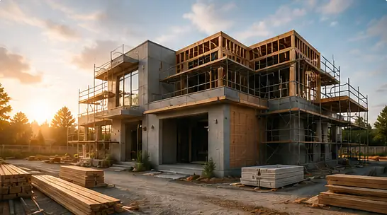 Two-storey home under construction with timber framing and scaffolding at sunset