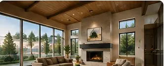 Renovated living room with vaulted wood ceiling, fireplace and large windows